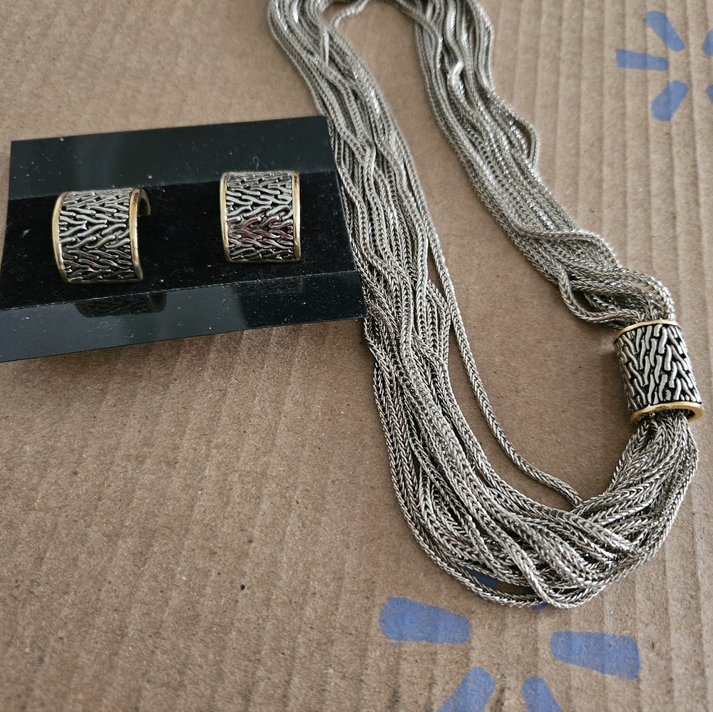 Elegant Silver and Gold Necklace and Clip Earring Set